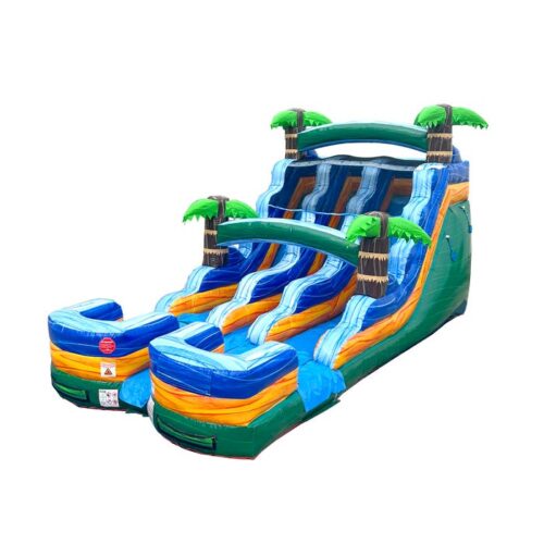 Green Tropical Marble Double Bay Wet/Dry Inflatable Slide with Blower