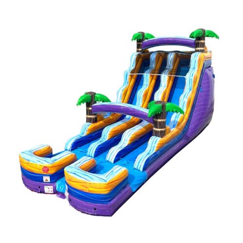 18' Tall Purple Tropical Marble Double Bay Wet/Dry Inflatable Slide with Blower