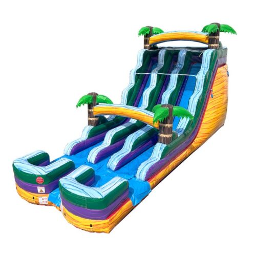 18' Tall Yellow Tropical Marble Double Bay Wet/Dry Inflatable Slide with Blower